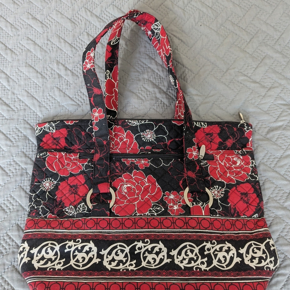 Elegant Red and Black Floral Tote